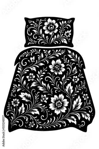 Artistic floral bed design with Gzhel patterns for decorative bedding and cultural home decor concept