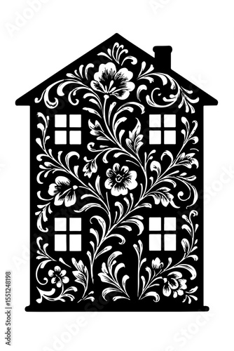 Artistic floral house design with intricate Gzhel patterns for home decor and cultural artistry concept