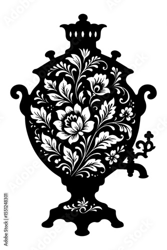 Artistic black floral samovar with intricate designs for cultural decor and traditional tea brewing concept