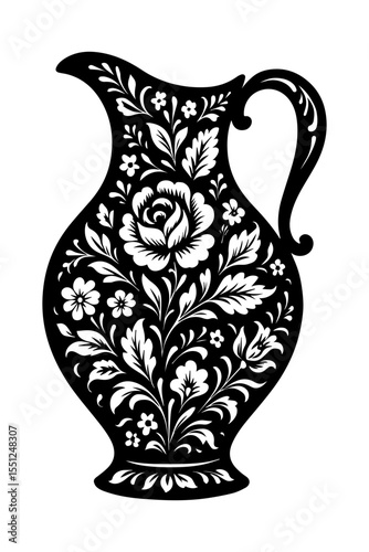 Artistic black floral pitcher with intricate designs for home decor and decorative pottery concept