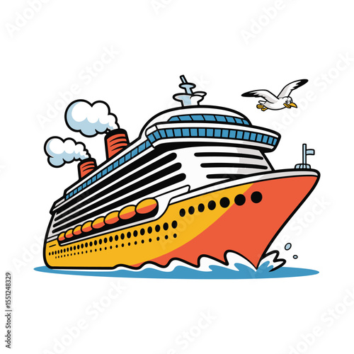 Colorful cartoon cruise ship sailing at sea with birds, bold design for travel themes vector illustration design,
