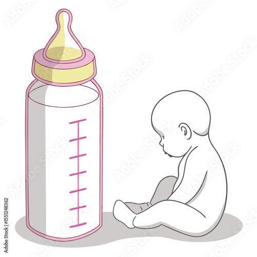 Baby sitting near a large milk bottle isolated on white background