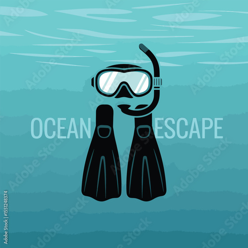 Teal Ocean Background with Black Diving Mask Snorkel and Flippers Ocean Escape Text Graphic Design Illustration
