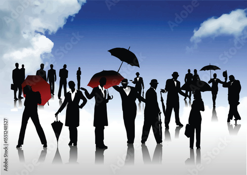 025-03-Business people silhouettes holding umbrellas walking in cloudy sky reflecting on wet pavement. Hand drawn illustration