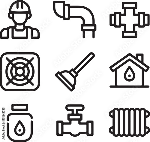 Plumbing System Icons Pipes, Valves, and Home Repair Essentials