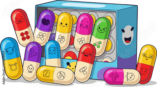 Colorful Cartoon Pill Box with Diverse Emotional Pills