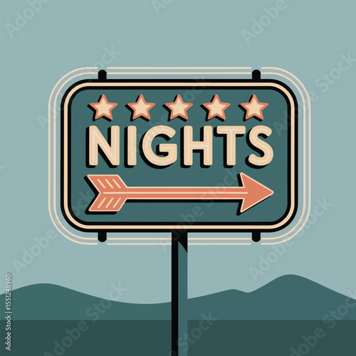 Teal Retro Nights Sign Five Stars Arrow Desert Landscape Illustration motel hotel