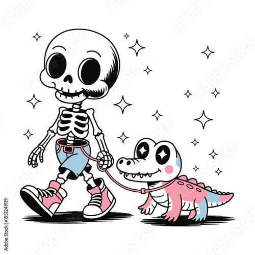 Cute cartoon skeleton walking a smiling baby alligator, fun and spooky character art. 