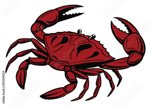 Stylized red crab illustration with raised claws, marine life vector for seafood branding