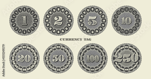 Vector set of vintage round stickers, price tags and badges with numbers. Denominations 1, 2, 5, 10, 20, 50, 50, 100 and 250. Collection of coins, medals and currency tokens. Guilloche patterns