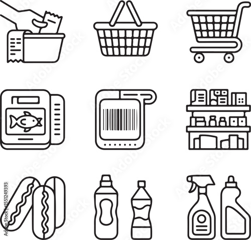 Grocery Shopping Icons Supermarket, Cart, Basket, and More 50.eps