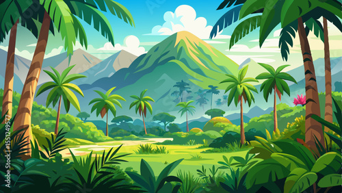 Breathtaking panoramic view of a rich green jungle with tall palm trees and dense rainforest vegetation, set against majestic mountains under a clear blue sky with soft white clouds