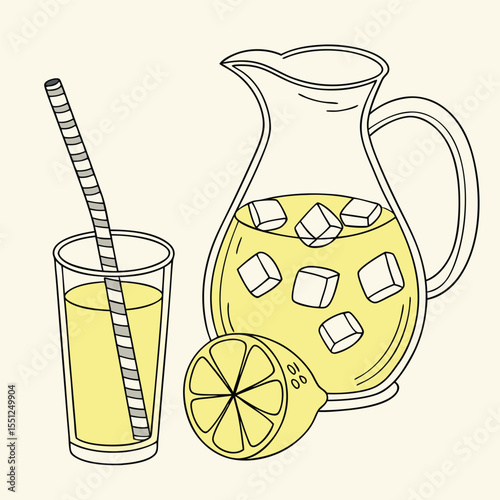 Refreshing lemonade pitcher and glass isolated on white background