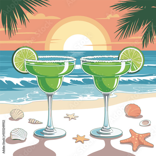 Sunset beach with tropical drinks, palm trees, and sea shells—ultimate vacation vibe vector illustration design
