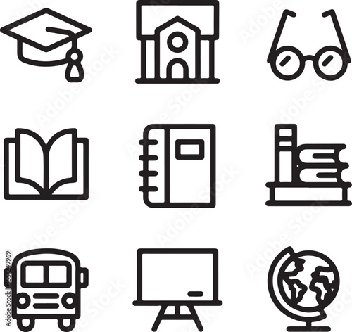 Education Icons Graduation Cap, School Building, Books, and More - 56.eps Vector Pack