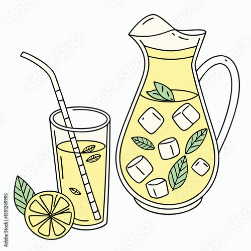 Refreshing lemonade pitcher and glass isolated on white background