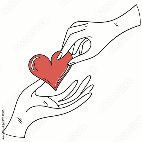 Hand giving red heart to another hand isolated on white background