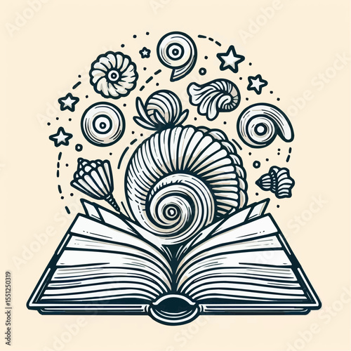 Creative illustration of an open book with seashells and stars floating above
