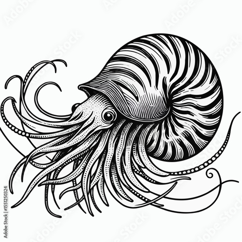 Detailed illustration of a nautilus with flowing tentacles and swirling patterns