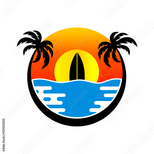 Coastal view with surf board in the middle vector logo