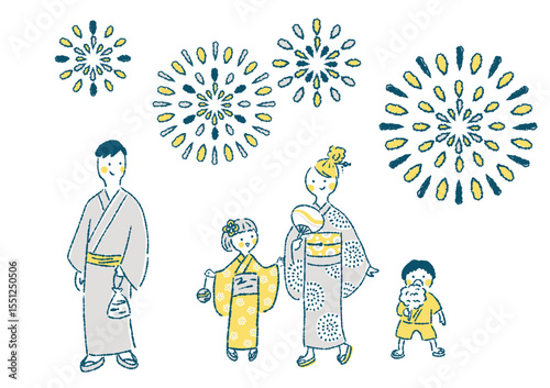 浴衣姿の家族が夏祭りで打ち上げ花火を楽しむ手描きイラスト