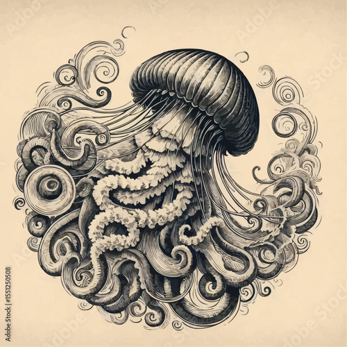 Intricate illustration of a jellyfish with swirling tentacles and aquatic patterns
