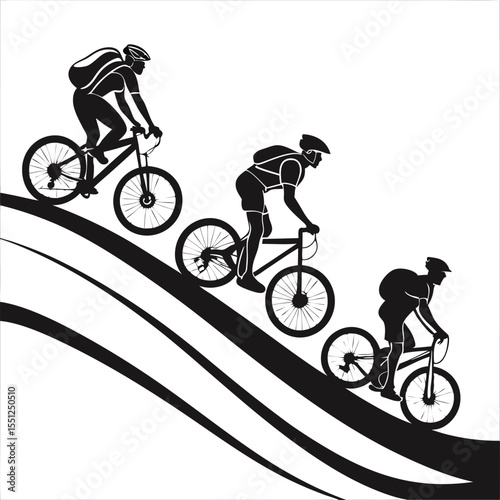 Three cyclists ascending a hill silhouette isolated on white background