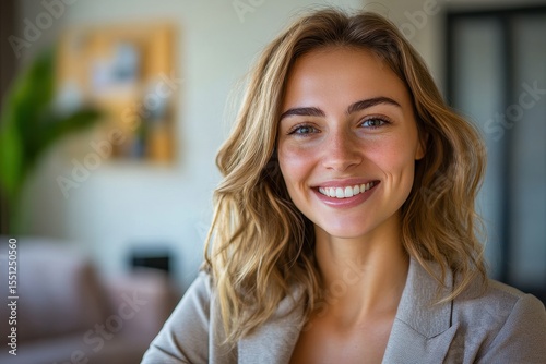 Cheerful Millennial Caucasian Businesswoman Posing Confidently in Her New Apartment - Close-Up Headshot Portrait
