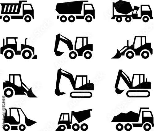 Construction vehicles icons set dump truck excavator tractor bulldozer concrete mixer vector graphics 100 editable stock vector illustration