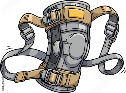 Detailed Cartoon Knee Brace with Straps and Buckles, Protective Gear.