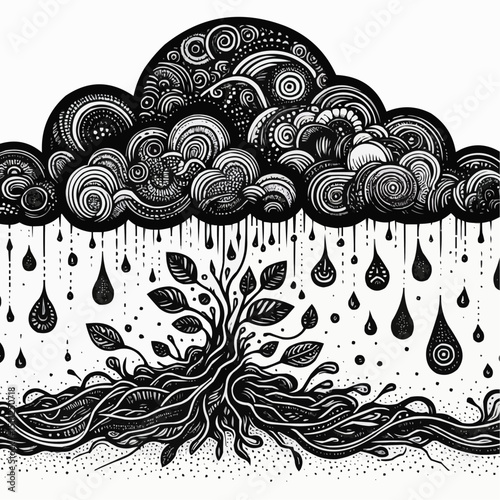 Artistic illustration of a tree with roots under abstract clouds and raindrops in black and white

