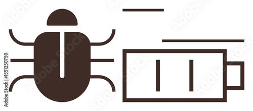 Bug next to a low battery icon conveys problems thumbs up system bugs, errors, energy drain, cybersecurity, performance issues, troubleshooting, or technology maintenance. Ideal for IT, apps trouble