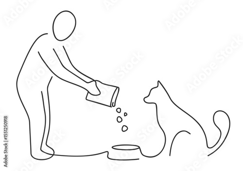 One Line Drawing of Person Feeding a Cat – Minimalist Pet Care Line Art