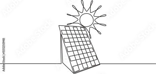 Solar energy in continuous line art drawing style. Solar panels facing the Sun to collect heat by absorbing sunlight. Black linear design isolated on transparent background. Vector illustration