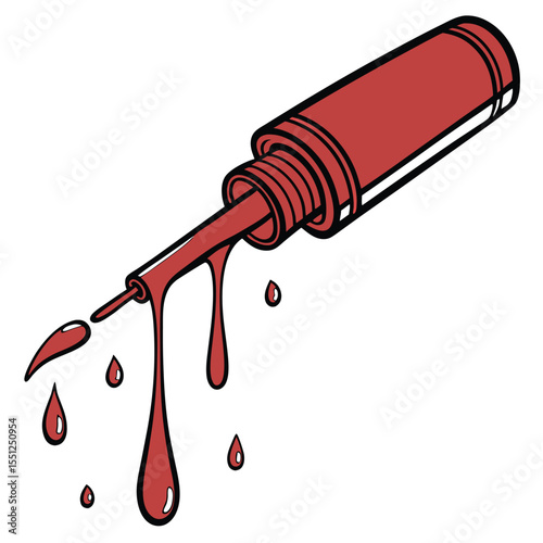 Red nail polish bottle with dripping polish isolated on white background