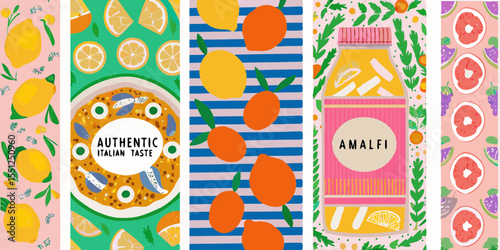 Colorful Italian Food and Drink Themed Background with Lemons Oranges Grapefruit and Amalfi Lemonade for Summer