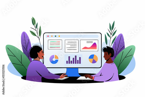 Two colleagues analyzing data on a large computer screen with charts and graphs illustration style