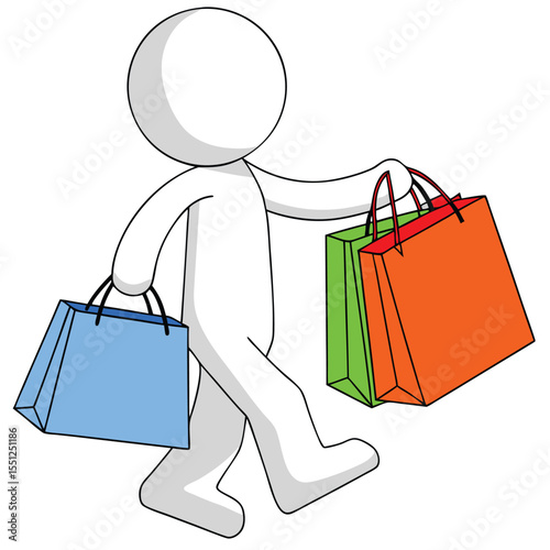 Simple white figure carrying shopping bags isolated on white background