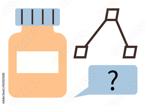 Medicine container beside a molecule diagram and speech bubble with a question mark. Ideal for healthcare, research, chemistry, education, pharmacy, diagnosis, innovation. Simple flat metaphor