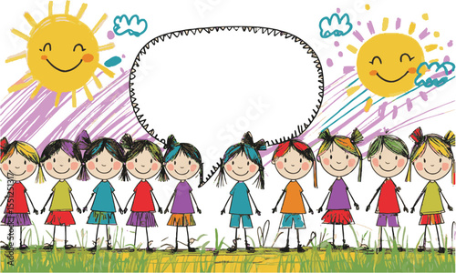 Vector illustration featuring a group of smiling stick-figure children standing on both sides, easily editable and scalable.