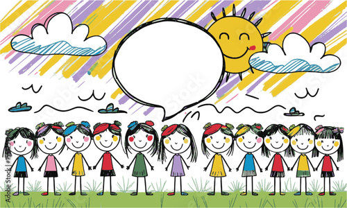 Vector illustration featuring a group of smiling stick-figure children standing on both sides, easily editable and scalable.