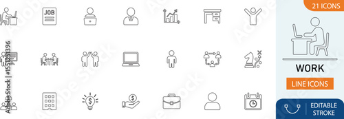 work line icon set. A vector set of icons featuring job, office, employee, remote work, teamwork, task, meeting, laptop, desk, freelance, project, and career tools.