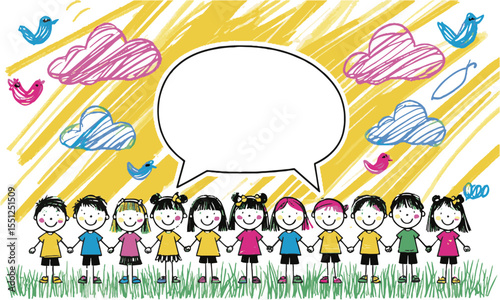 Vector illustration featuring a group of smiling stick-figure children standing on both sides, easily editable and scalable.