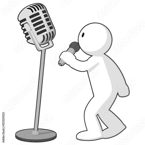 Simple cartoon figure singing into a microphone isolated on white background