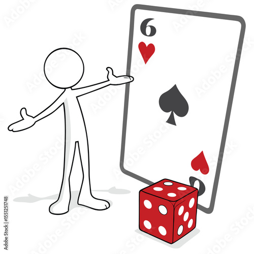 Simple figure presenting a six of spades playing card and a red die isolated on white background