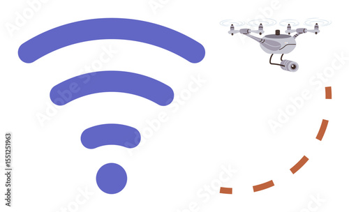 Drone in flight with camera, large wireless signal icon, and dashed movement path. Ideal for technology, connectivity, drone navigation, surveillance, wireless communication, innovation aerial
