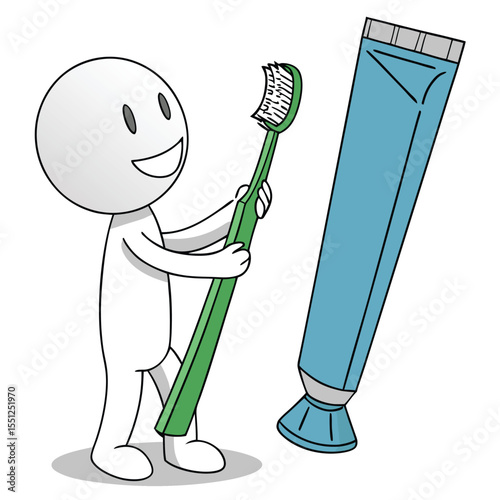 Cartoon figure holding toothbrush next to toothpaste tube isolated on white background