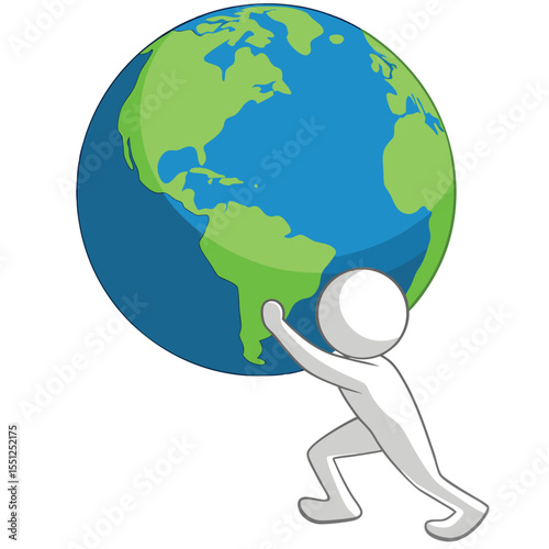 Simple cartoon figure supporting the earth globe isolated on white background