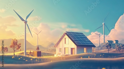 Idyllic sustainable home powered by solar panels and wind turbines, nestled in a picturesque landscape at sunset