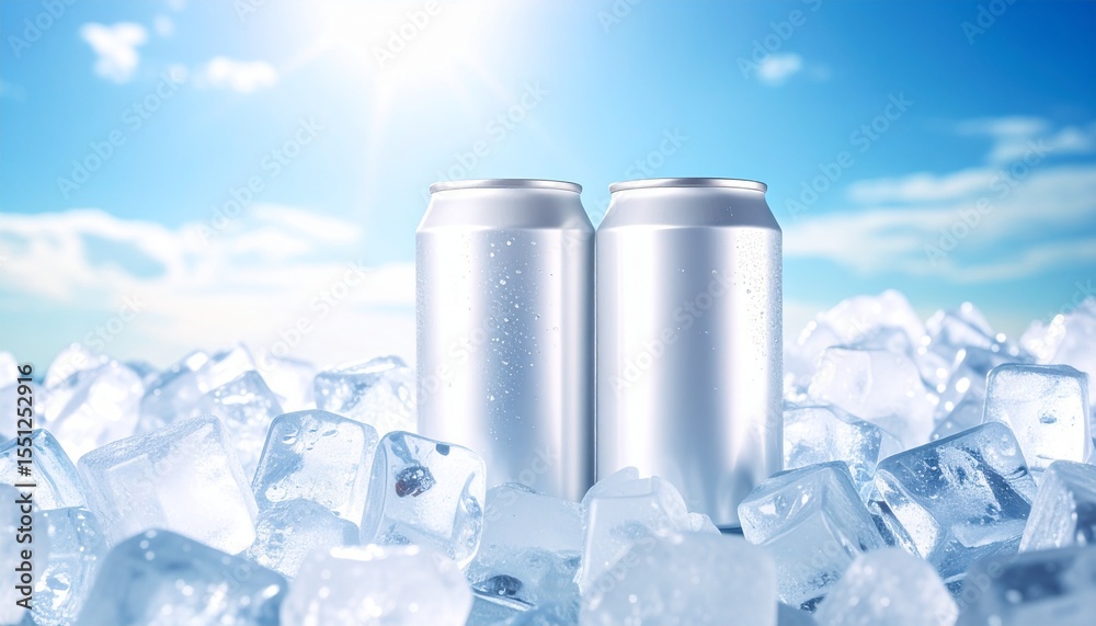 Obraz premium Dos latas de refresco Blancas se encuentran entre brillantes cubitos de hielo, reflejando la luz del sol. El cielo azul brillante crea un fondo veraniego perfecto,